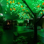 Green-lit LED tree canopy over a lounge with plants