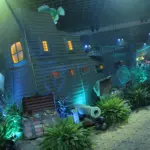 Pirate ship set with cannons, rigging and teal lighting